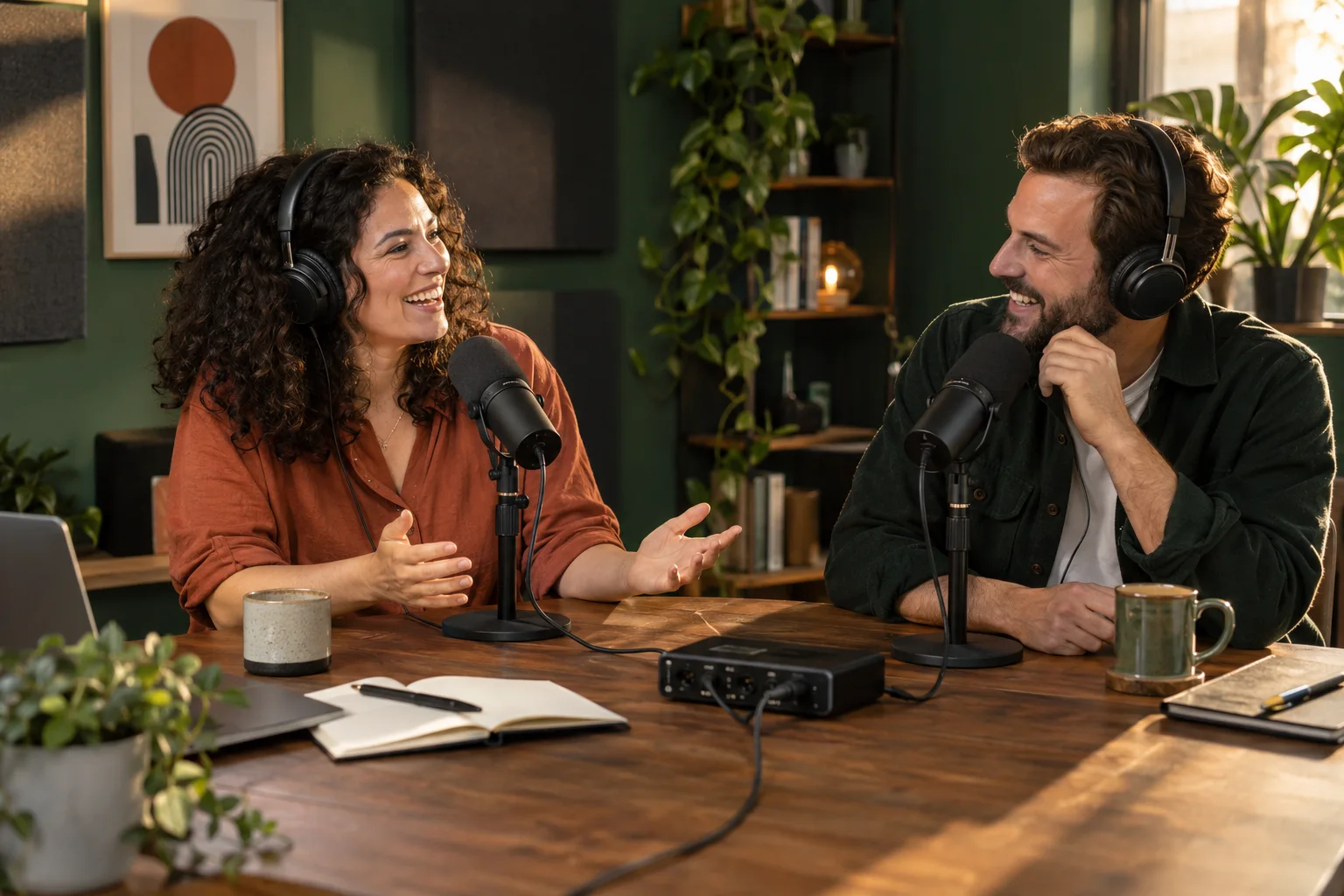 Illustrative scene of two podcast hosts enjoying a conversation in a recording studio.